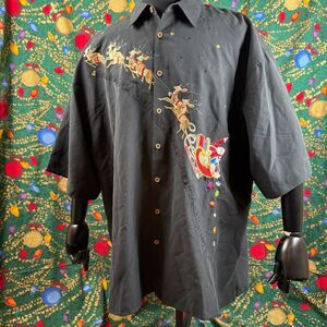 Santa Claus 8 Reindeer Merry Christmas Camp Shirt Men 3XL Embroidered Bamboo Cay
